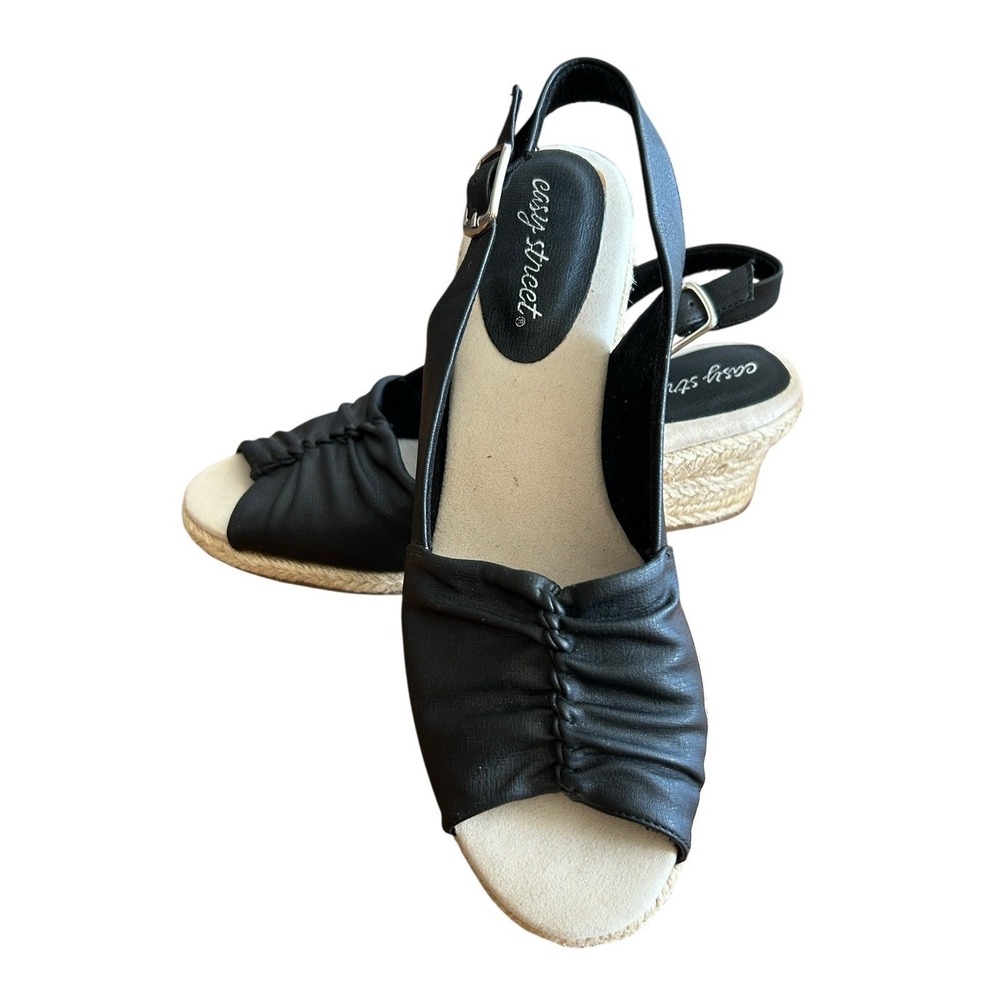 Easy Street Buckle Strap Peep Toe Espadrille Wedge Heels Womens Size 8.5M Black